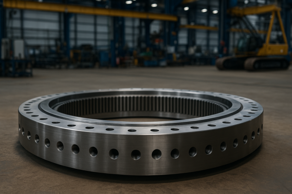 工場フロアに置かれた大型ターンテーブルベアリング。精密加工されたギアとボルト穴が並ぶ