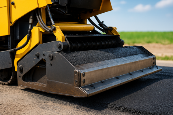 施工現場で稼働中のアスファルトフィニッシャ。後部のスクリードが黒いアスファルトを均一に押し出しながら路面を整えている