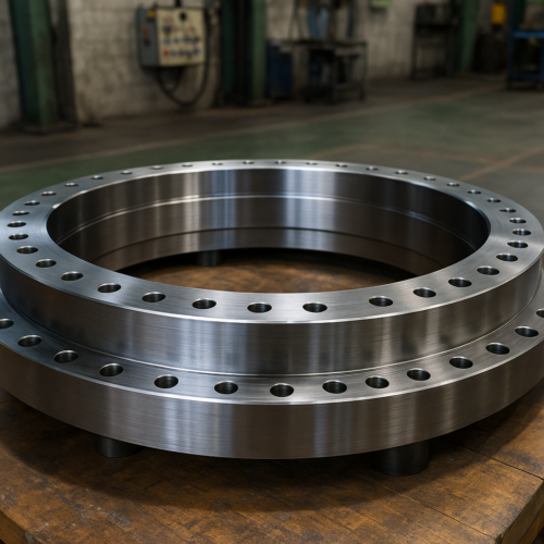 工場の作業台に置かれた大型スイングベアリングハウジング。鏡面仕上げの鋼リングにボルト穴が規則的に並ぶ