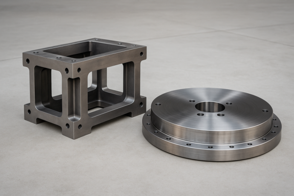 矩形フレーム（構造部品）と円形ターンテーブル（旋回部品）。建設機械に使われる大物金属部品の一例